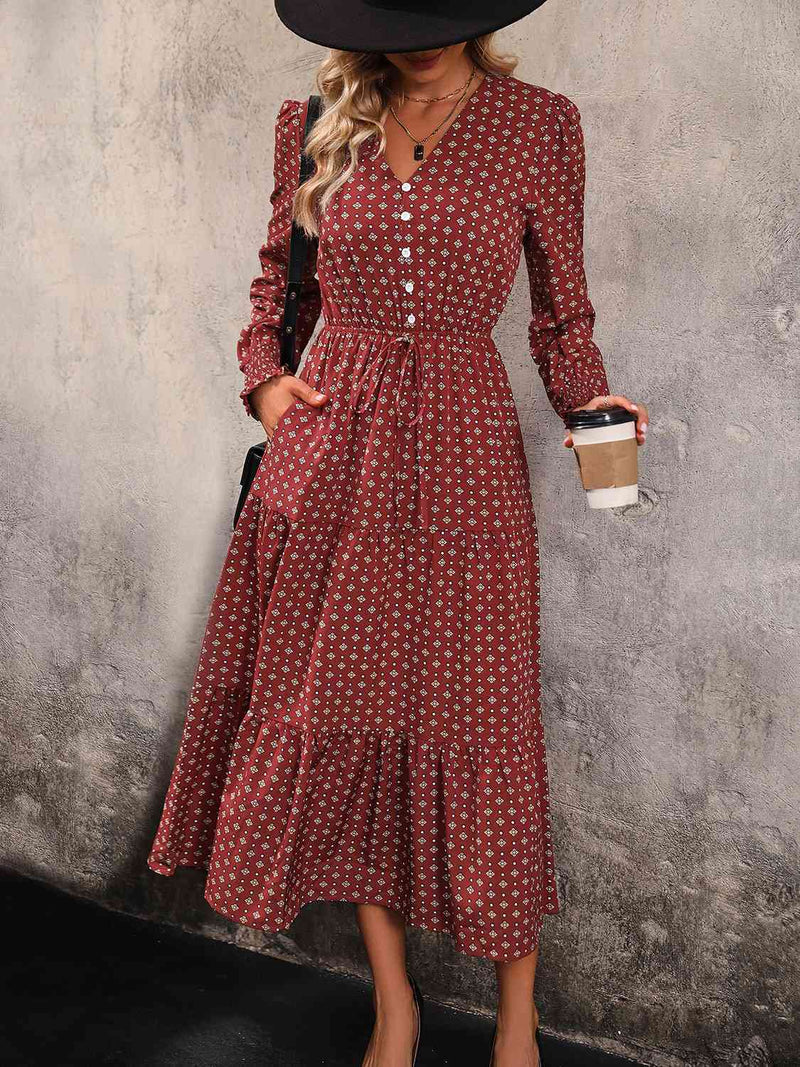 Printed Tiered V-Neck Buttoned Midi Dress